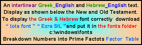 Text Box: An interlinear Greek_English and Hebrew_English text.Display as shown below the New and Old Testament.To display the Greek & Hebrew font correctly  download“ Iota font ” “ Ezra SIL ”and put it in the fonts folder c:\windows\fontsBreakdown Numbers into Prime Factots Factor  Table