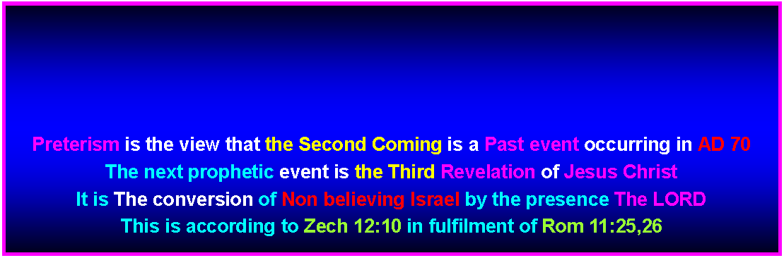 Text Box: Preterism is the view that the Second Coming is a Past event occurring in AD 70The next prophetic event is the Third Revelation of Jesus ChristIt is The conversion of Non believing Israel by the presence The LORD This is according to Zech 12:10 in fulfilment of Rom 11:25,26